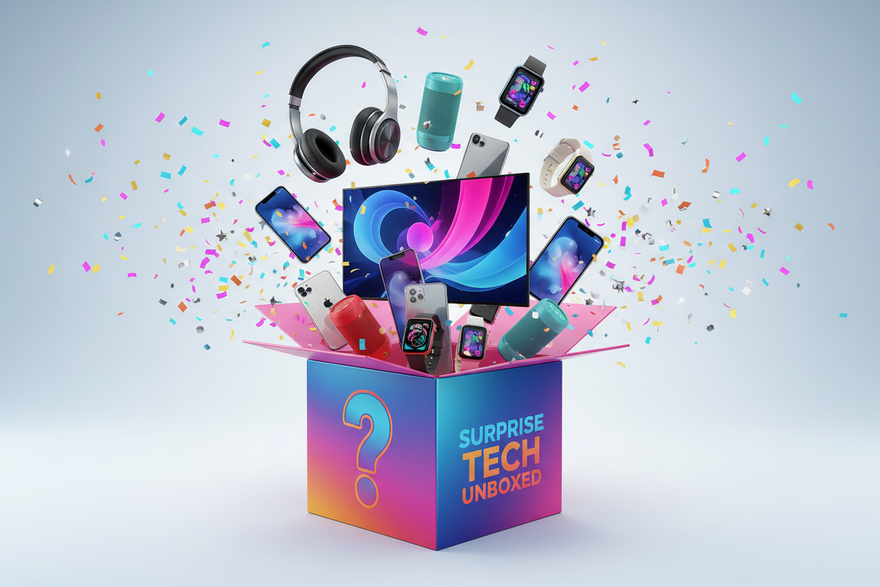 caja sorpres de tv cascos portatiles moviles relojes